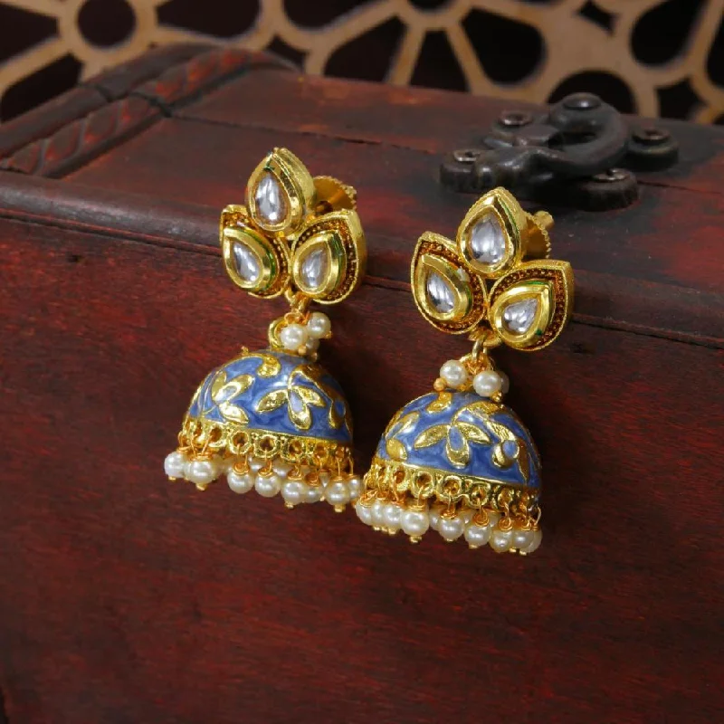 women chic hoop earrings -Etnico Gold Plated Meenakari Kundan & Pearl Drop Jhumka Earrings For Women (E2924Bl)