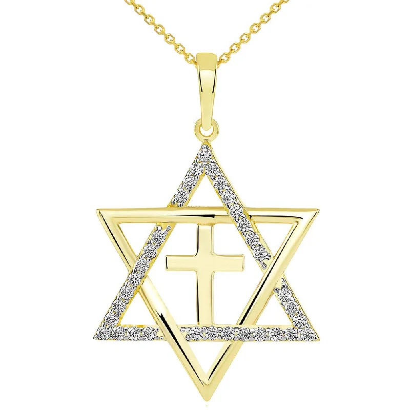 women diamond pendant necklaces -14k Yellow Gold Medium CZ Star of David with Religious Cross Judeo Christian Pendant Necklace