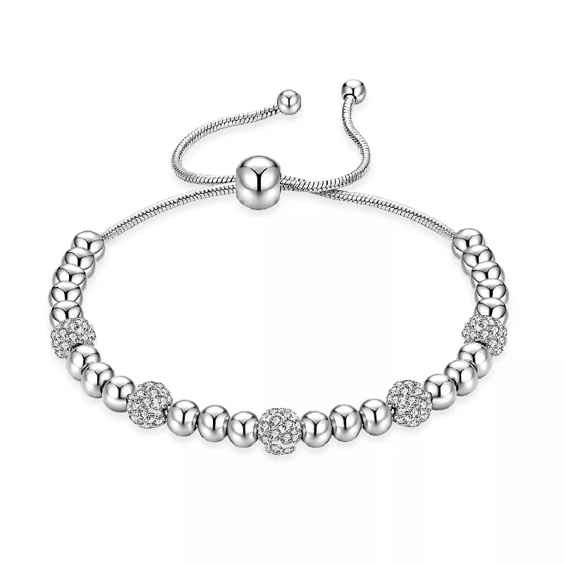 women bangles sets -Stainless Steel Beads Pave Adjustable Bracelet