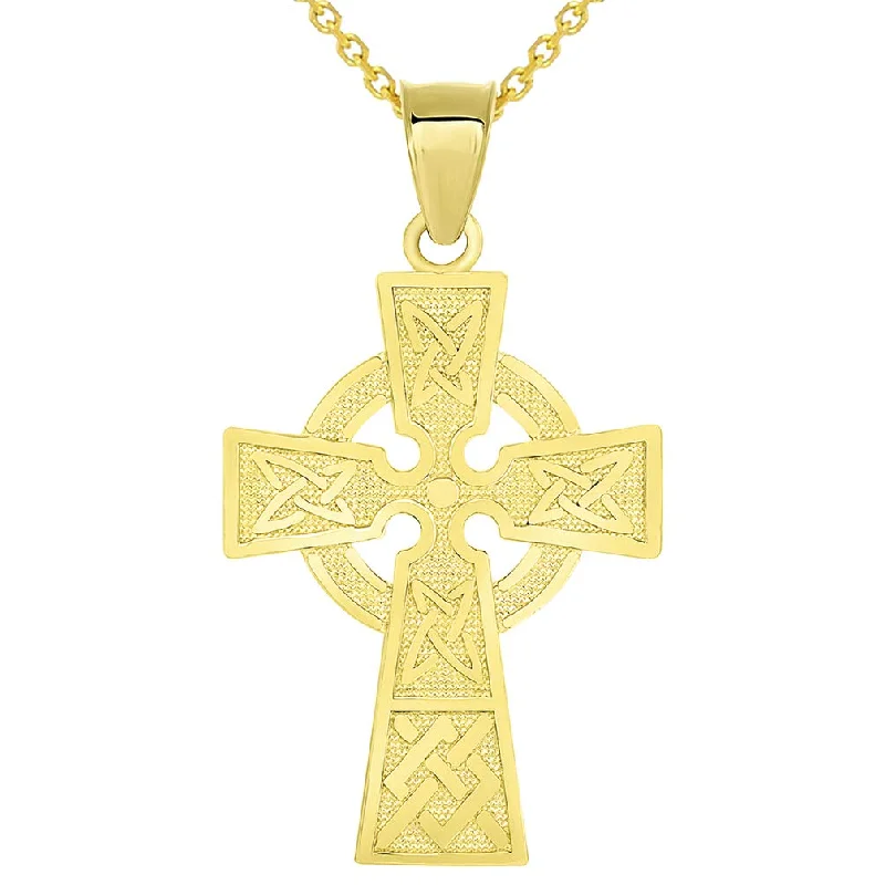 women custom engraved gold necklaces -Solid 14k Yellow Gold Trinity Knot Celtic Cross Pendant Necklace