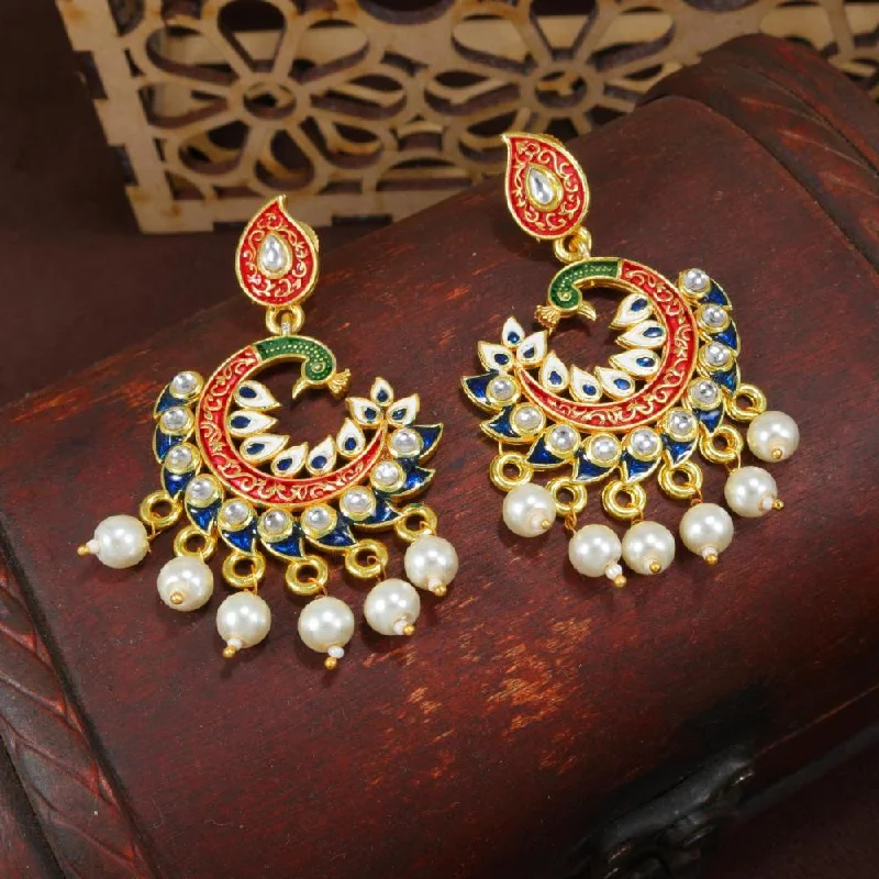 women boho earrings -Etnico Gold Plated Meenakari Kundan Studded Peacock Design Dangle Earrings For Women (E2919Bl)