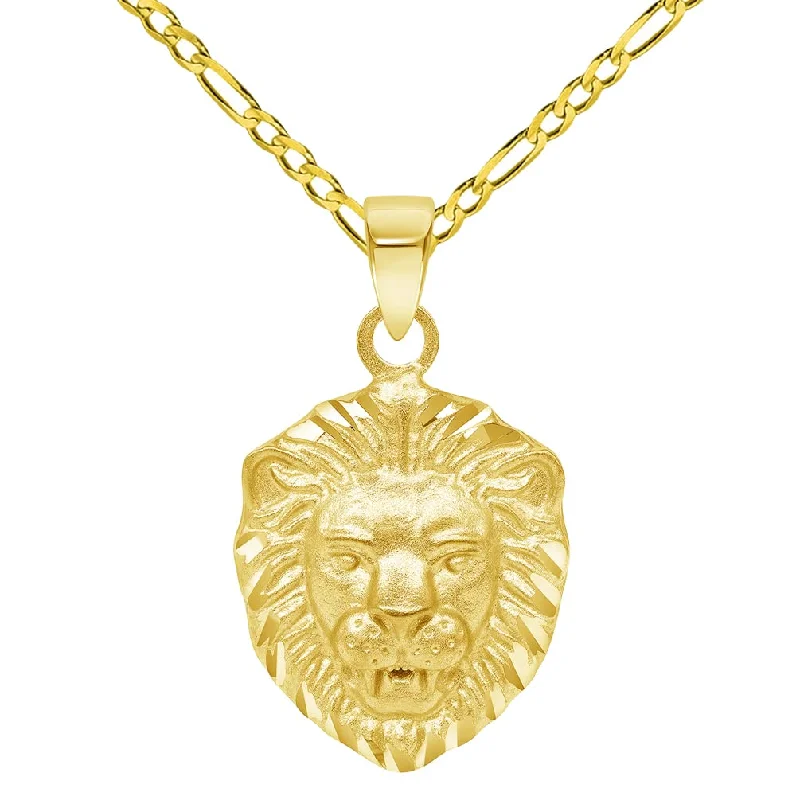 women chunky necklaces -14k Yellow Gold Mini Lion Head Charm Animal Pendant with Figaro Chain Necklace