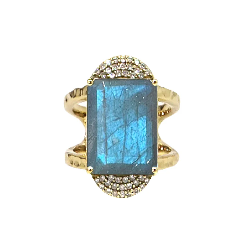 women halo diamond rings -GOLD KOSOR EMERALD CUT LABRADORITE & CRYSTAL COCKTAIL RING