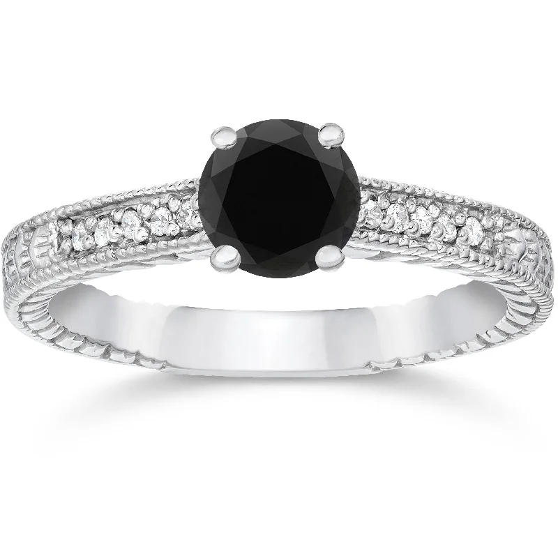 women eternity engagement rings -1 1/5ct Vintage Treated Black & White Diamond Engagement Ring 14K White Gold