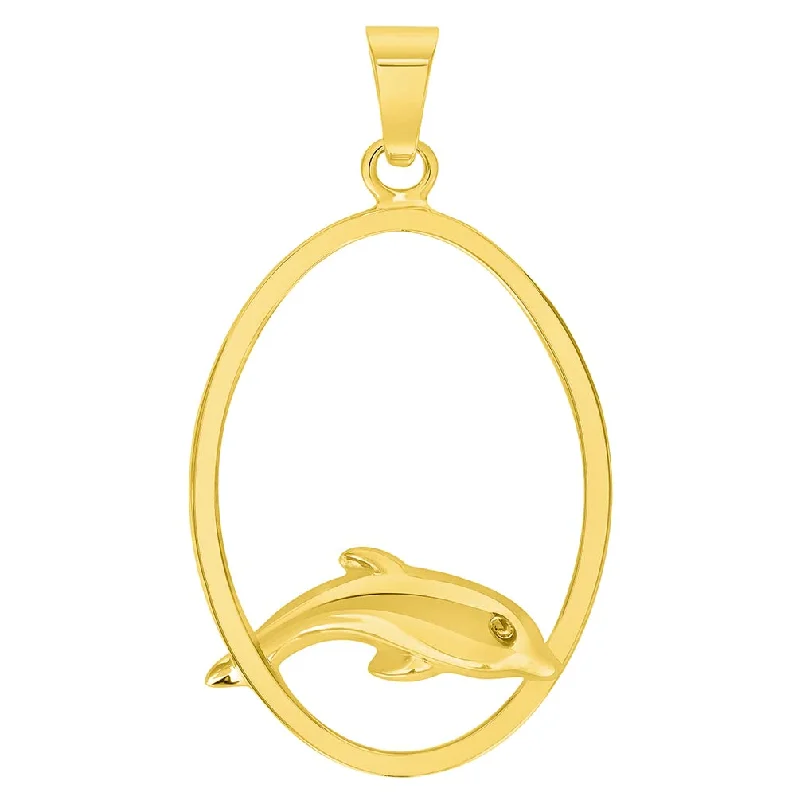 women custom engraved gold necklaces -14k Yellow Gold Dolphin Jumping Through Hoop Pendant