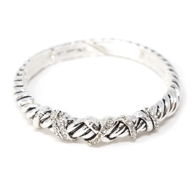 women thin bangles -Antique Silver Striped Stretch Bracelet Crystal Station