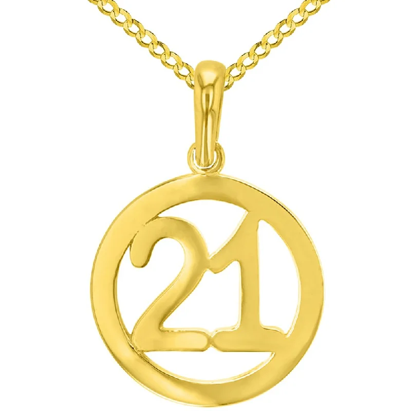 women link necklaces -Solid 14K Yellow Gold Round Number Twenty One Charm Pendant with Cuban Chain Necklace