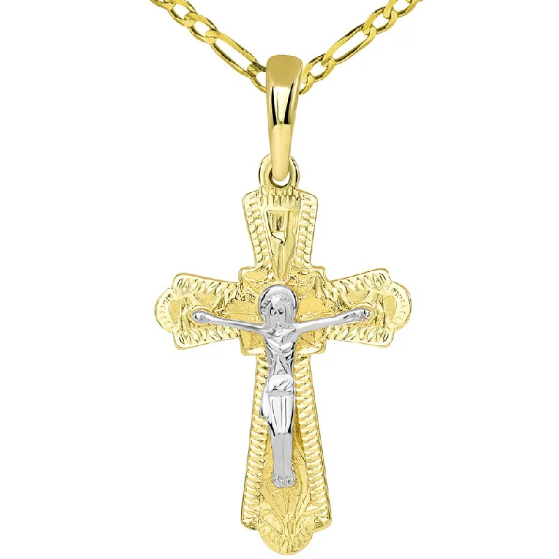 women star-shaped necklaces -14k Two Tone Gold Elegant Orthodox Bless and Save Cross Crucifix Pendant with Figaro Necklace