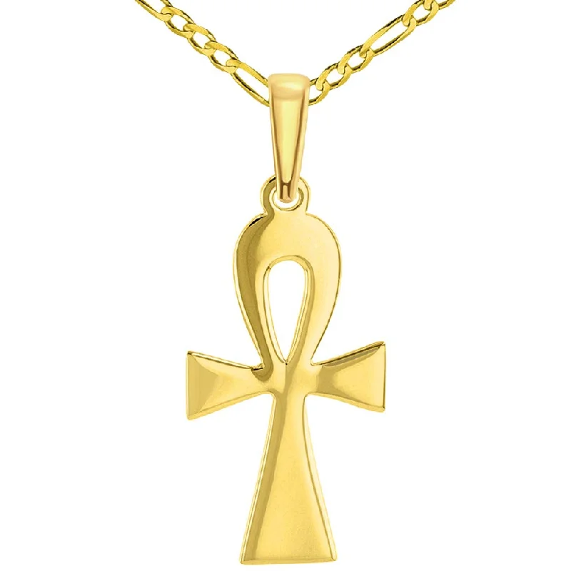 women pendant necklaces -14k Solid Yellow Gold High Polish Egyptian Coptic Ankh Cross Pendant with Figaro Chain Necklace