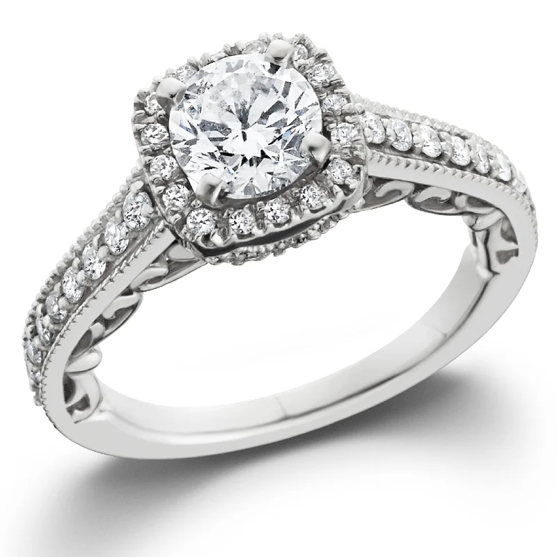 women halo engagement ring sets -7/8ct Cushion Diamond Vintage Halo Engagement Ring 14K White Gold