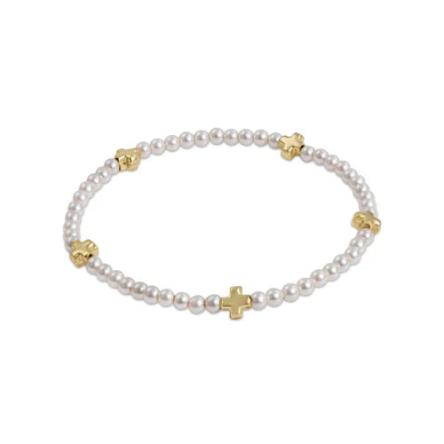 women art deco bracelets -Signature Cross Pearl Pattern 3mm Bead Bracelet - Gold