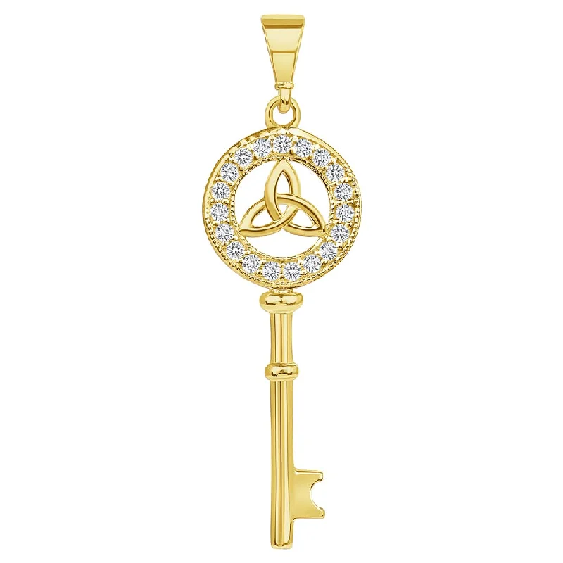 women statement gold necklaces -14k Yellow Gold Cubic-Zirconia Trinity Triquetra Knot Celtic Key Pendant