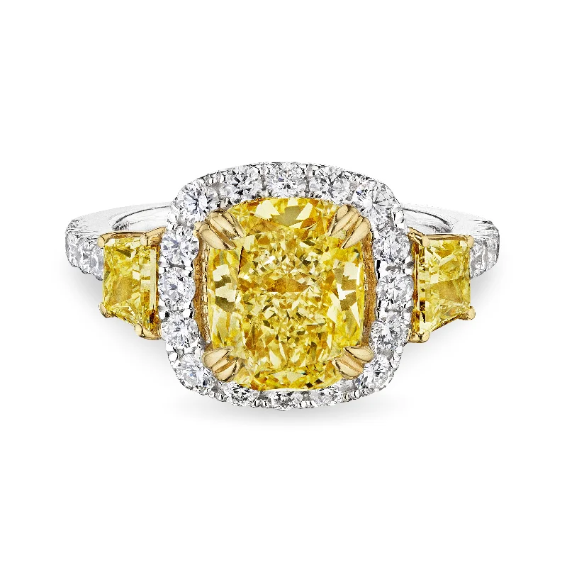 women platinum rings -Cushion Cut Fancy Yellow Diamond Ring with Halo, 2 CT