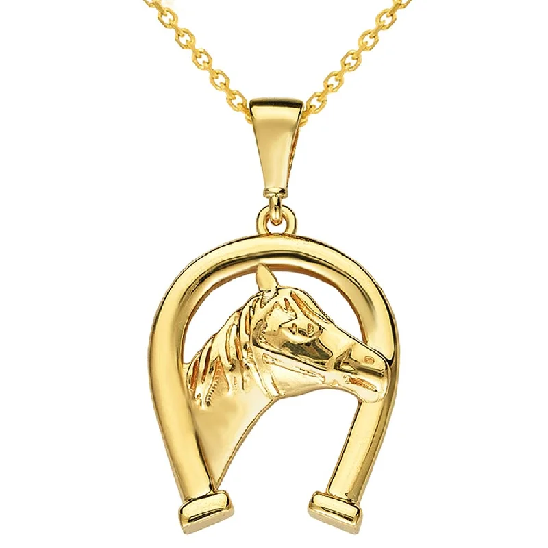 women custom necklaces -14k Yellow Gold Upside Down Horseshoe with Horse Pendant Necklace