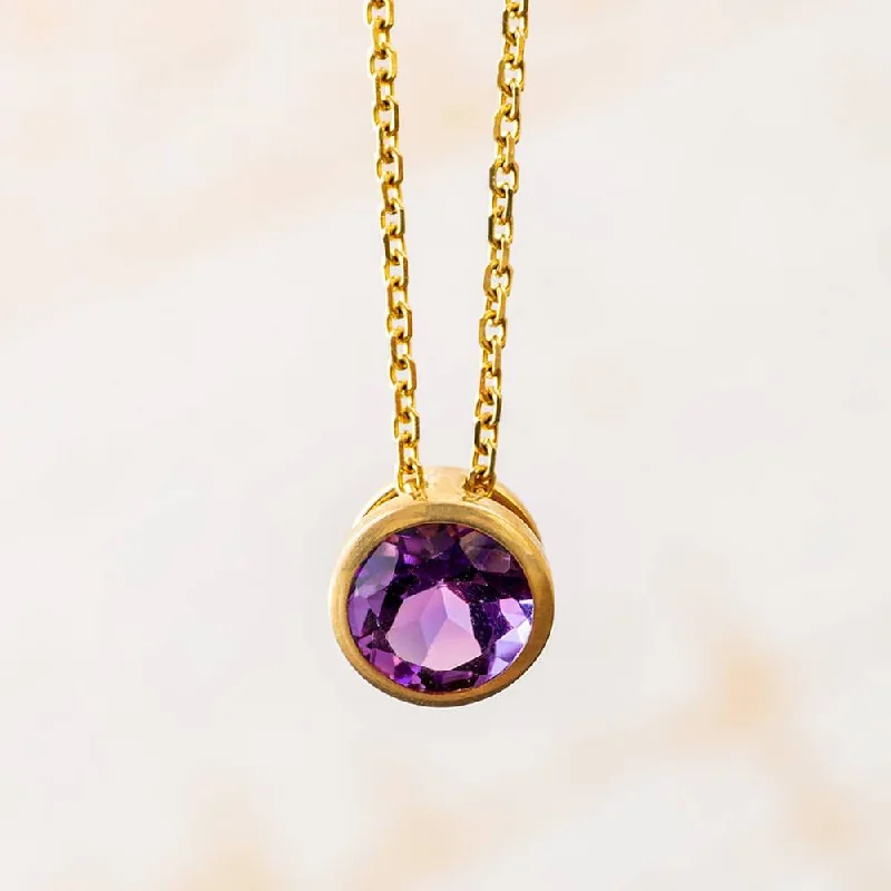 women gemstone necklaces -6 mm Bezel Set Amethyst Birthstone Necklace