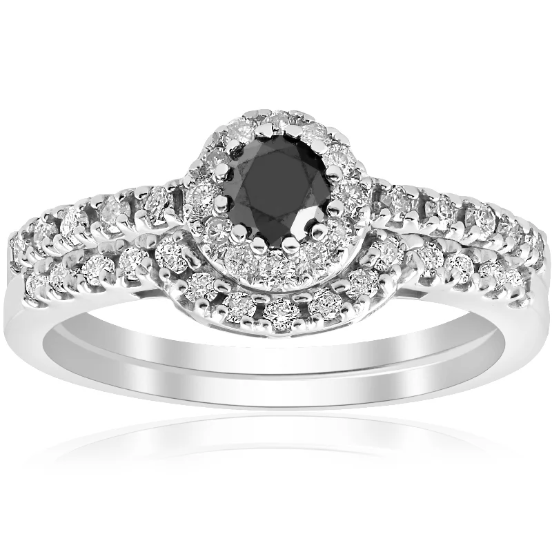 women ruby and diamond engagement rings -7/8ct Black Pave Halo Diamond Vintage Engagement Wedding Ring Set 14k White Gold