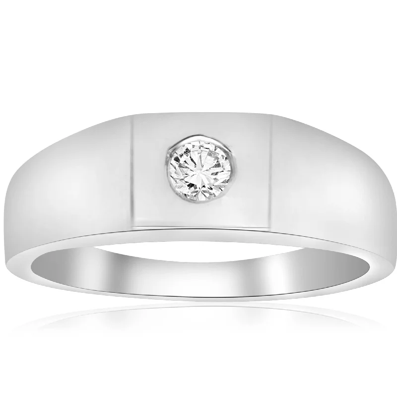 women halo engagement rings -Mens White Gold 1/4ct Solitaire Bezel Diamond Ring