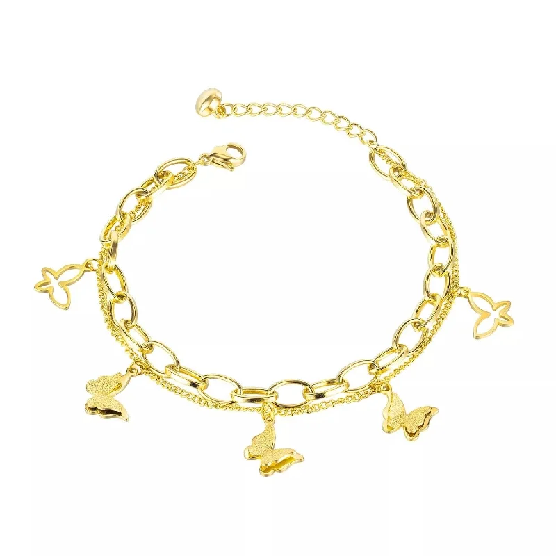 women luxury bracelets -Stainless St Double Bracelet Butterfly Charms Gold Plated 17+2mm