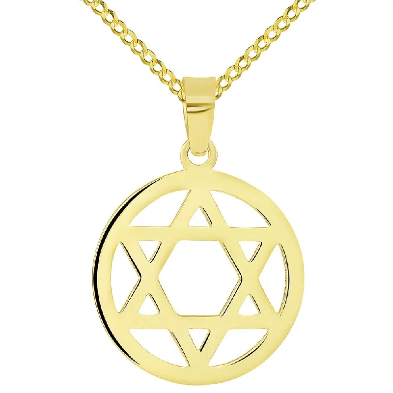 women diamond pendant necklaces -14k Yellow Gold Shield of David Round Jewish Star Pendant with Cuban Necklace