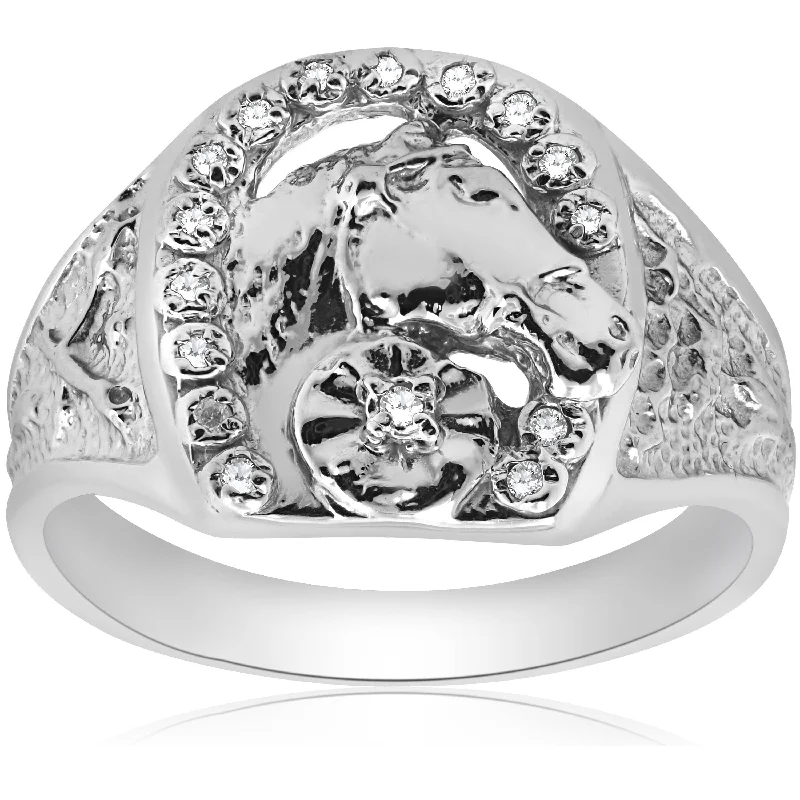 women luxury engagement ring sets -Mens Diamond Lucky Horseshoe Ring 10K White Gold