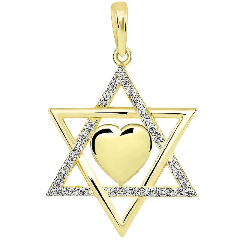 women chain necklaces -14k Yellow Gold Jewish Love CZ Star of David with Heart Pendant