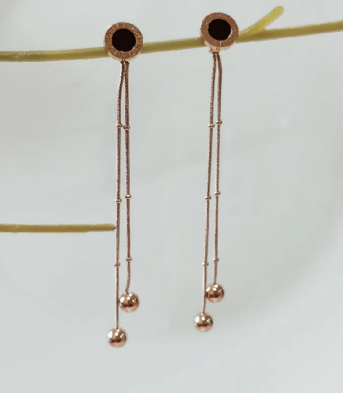 women personalized stud earrings -Tarohi Jewels Stainless Steel Rosegold Plated Double Long Chain Earring-STNER 2555