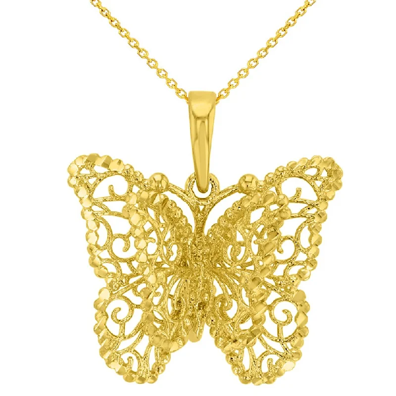 women gemstone drop pendant necklaces -14K Yellow Gold Textured Filigree Butterfly with Four Wings Pendant Necklace