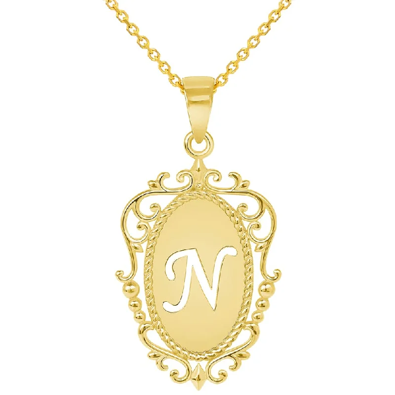 women spiral necklaces -14k Yellow Gold Elegant Filigree Oval Uppercase Initial N Script Letter Plate Pendant with Cable, Curb, or Figaro Chain Necklaces