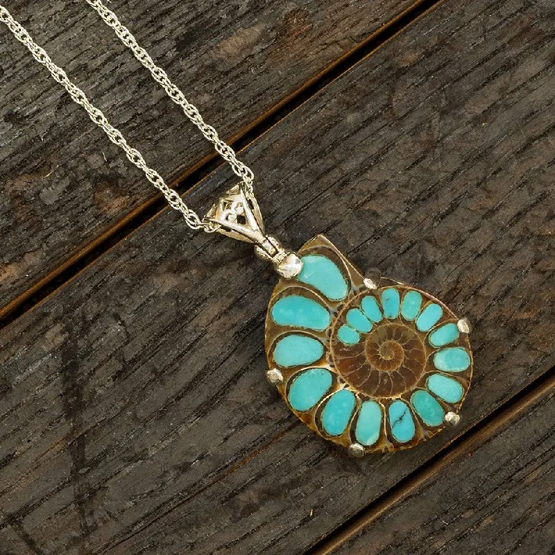 women round pendant necklaces -Ammonite Fossil with Turquoise Inlays Set in Silver, In Stock