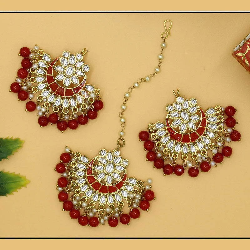 women statement earrings -Mahavir Gold Plated Kundan & Meenakari Earrings With Maangtikka