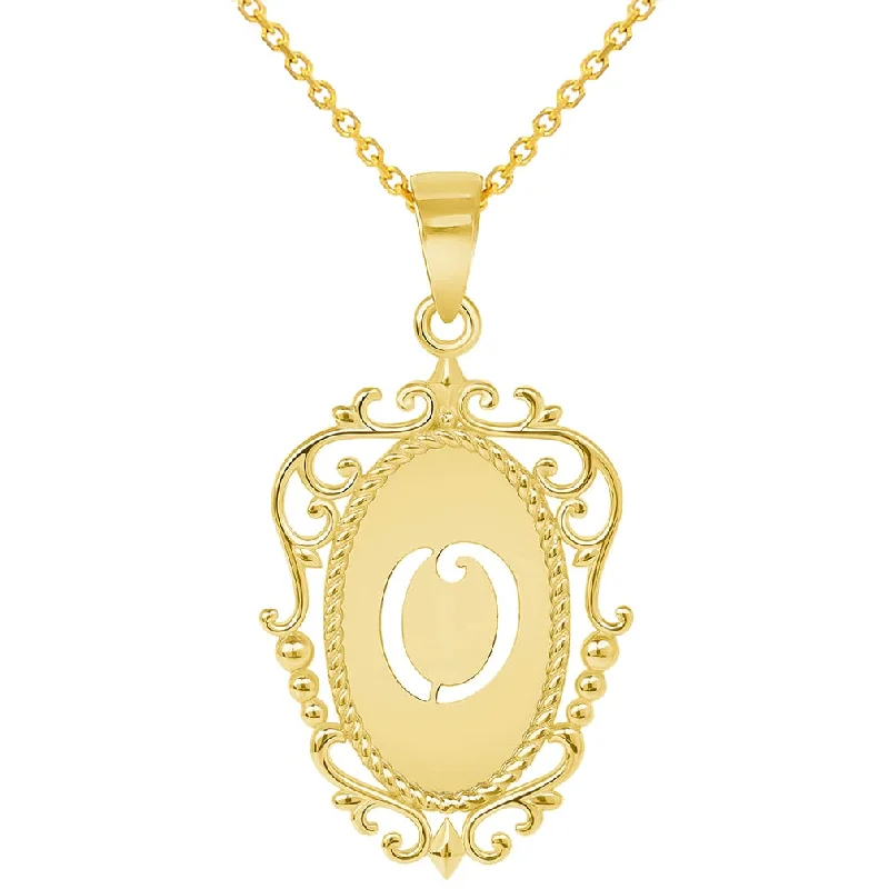 women butterfly necklaces -14k Yellow Gold Elegant Filigree Oval Uppercase Initial O Script Letter Plate Pendant with Cable, Curb, or Figaro Chain Necklaces