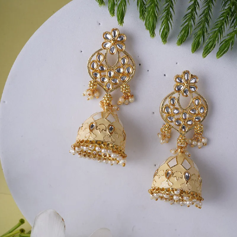 women double hoop earrings -Shagna Gold Plated Meenakari And Pearls Jhumki Earrings