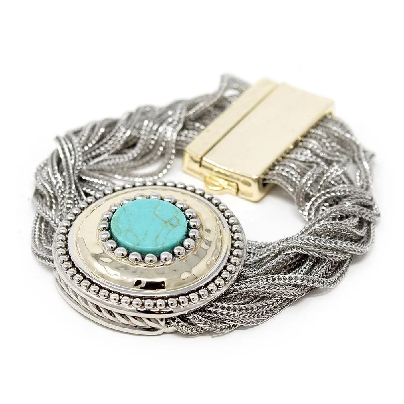 women silver cuff bracelets -Two Tone Fifteen Row Bracelet with Circle Turquoise Gold Plated