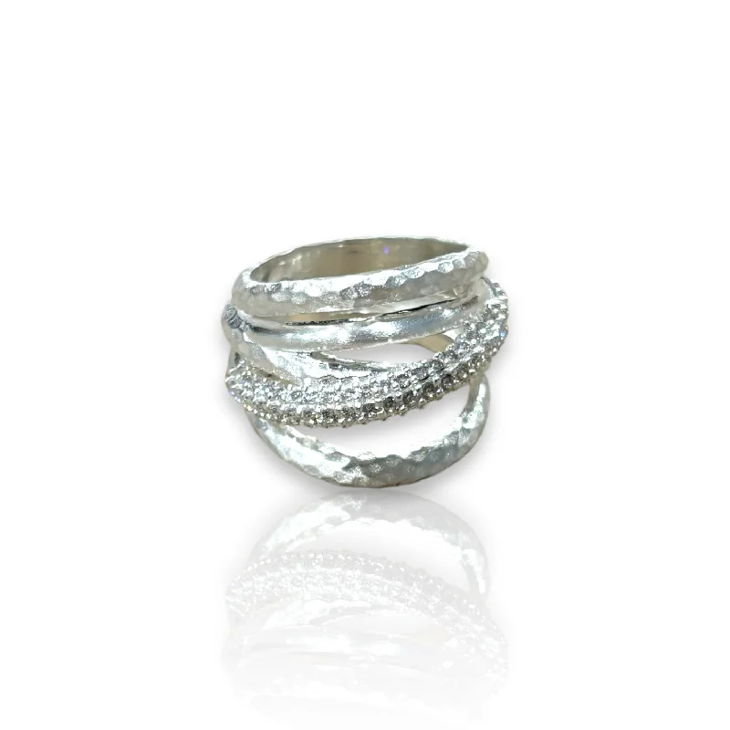 women birthstone rings -BRUSHED SILVER ALMORA LAYERED BAND RING