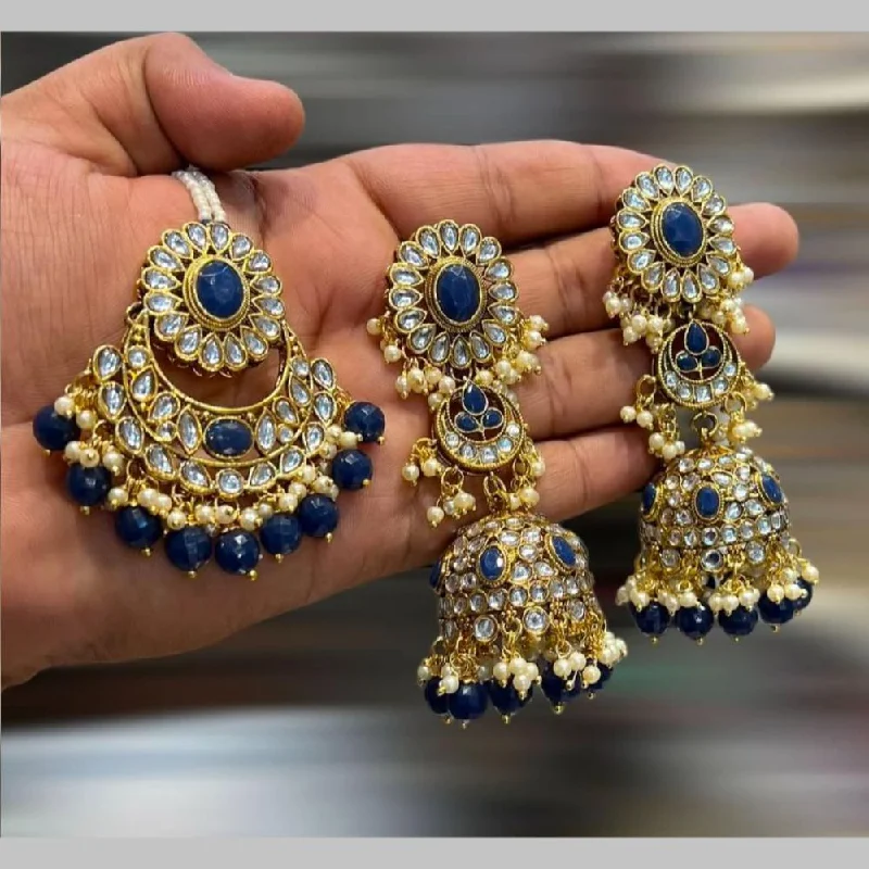 women diamond stud earrings -Hira Collections Gold Plated Kundan Stone And Beads Jhumki With Maangtikka