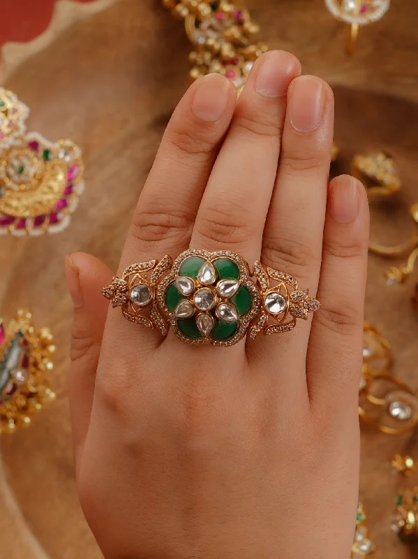 women anniversary rings -Green Color Gold Plated Faux Polki Ring - PK-R11GR