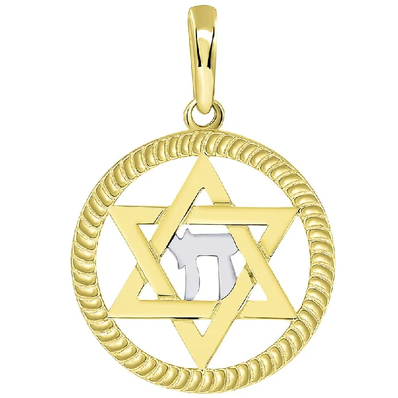 women gold plated necklaces -14k Yellow Gold Round Rope Style Jewish Star of David with Chai Symbol Pendant