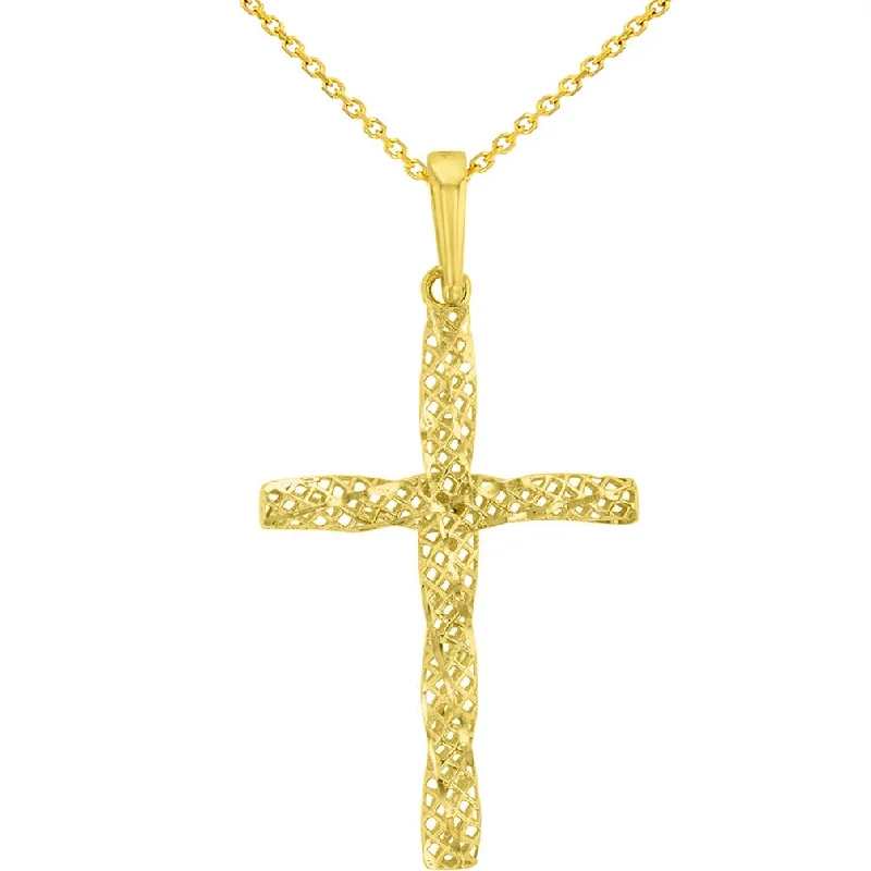 women round pendant necklaces -14K Yellow Gold Textured Spiral Tube Cross Pendant With Rolo Chain Necklace