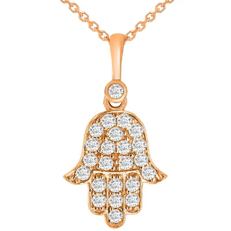 women flower pendant necklaces -14k Rose Gold Cubic Zirconia Mini Hamsa Hand of Fatima Charm Pendant Necklace