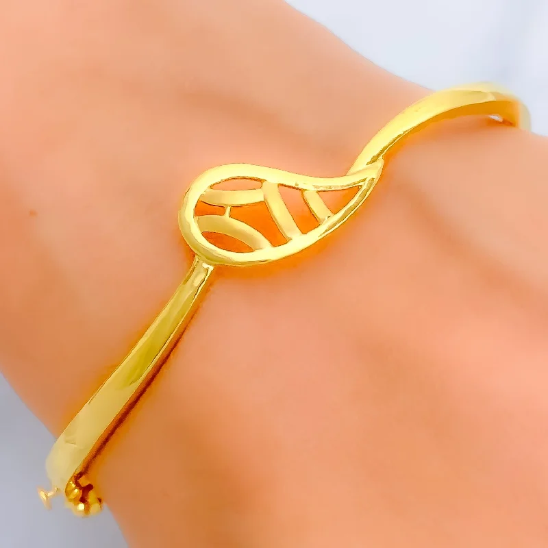 women bangle stack bracelets -Stunning Striped Leaf 22k Gold Bangle Bracelet