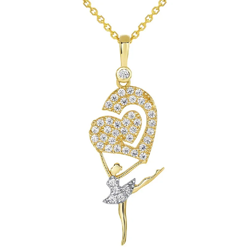 women artistic necklaces -14k Yellow Gold CZ Arabesque Ballerina Dancer Holding Heart Pendant Necklace