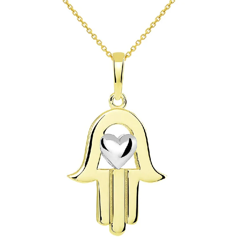 women designer necklaces -14k Yellow Gold Two-Tone Hamsa Hand of Fatima with Heart Pendant Necklace