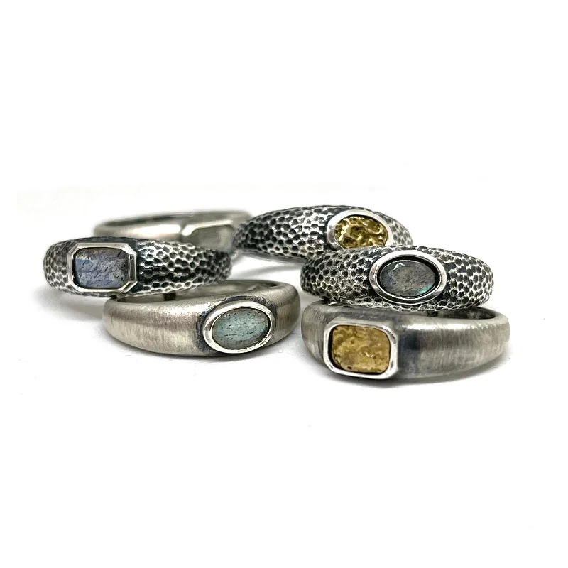 women minimalist rings -VINTAGE SILVER STACKABLE OVAL & RECTANGULAR LABRADORITE & COIN RINGS