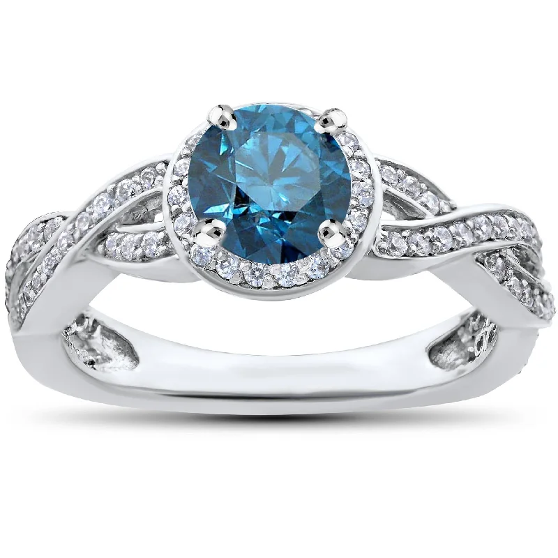 women engagement rings with side stones -3/4ct Blue & White Diamond Halo Infinity Engagement Ring 14K White Gold