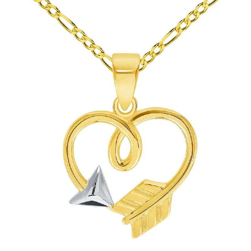 women gold plated necklaces -14k Yellow Gold Heart Shaped Arrow Pendant with Cable, Curb, or Figaro Chain Necklaces