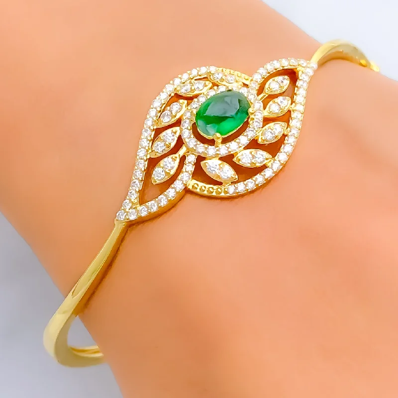 women statement bracelets -Majestic Leaf Adorned Diamond + 18k Gold Bangle Bracelet