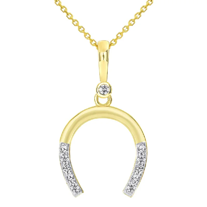 women flower pendant necklaces -14k Solid Yellow Gold Good Luck Horseshoe Pendant Necklace with Cubic Zirconia