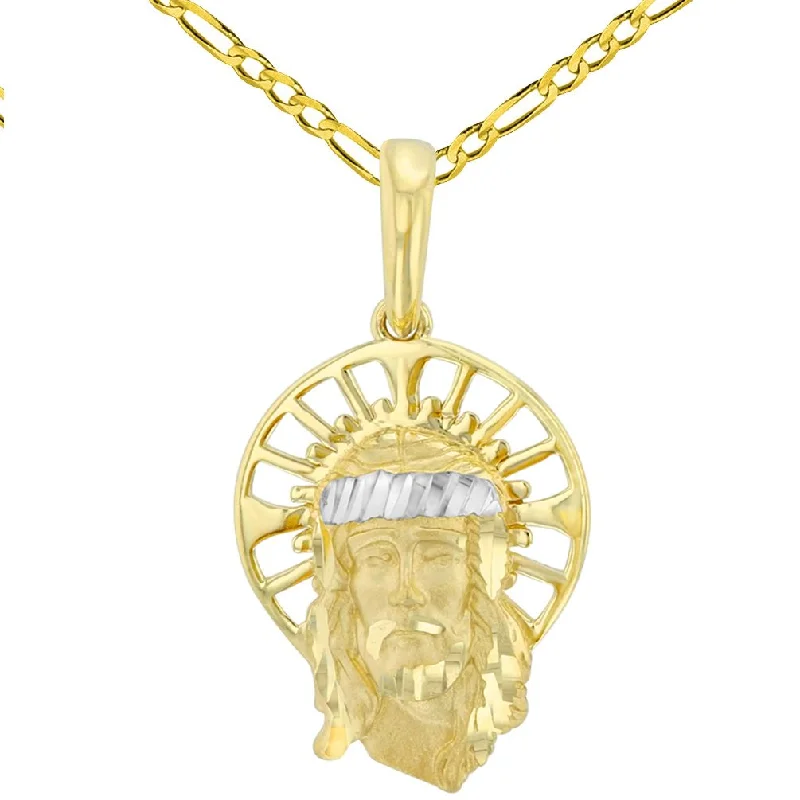 women zodiac necklaces -Textured 14K Yellow Gold Dainty Halo Jesus Christ Face Pendant with Figaro Chain Necklace