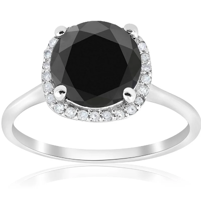 women cushion cut diamond engagement rings -3 1/10ct Treated Black Diamond Cushion Halo Engagement Ring 14K White Gold