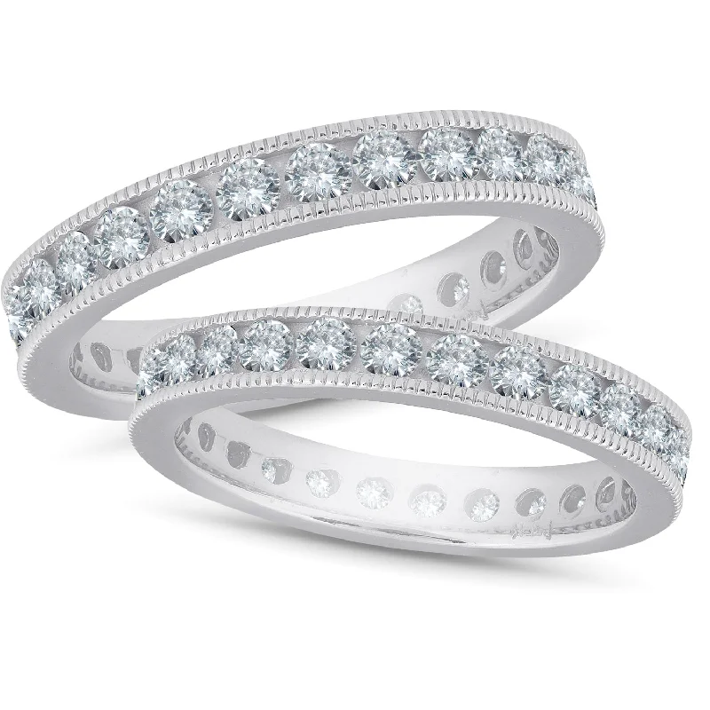 women floral engagement rings -3ct Diamond Eternity Milgrain Wedding Ring Guard Set